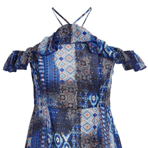 Blue Abstract Ruffle Off-Shoulder Mini Dress - Picture 3 of 3